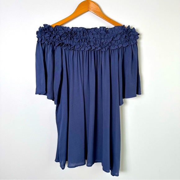 She + Sky Blue Ruffle Off Shoulder Top Shirt Blouse - Picture 7 of 10